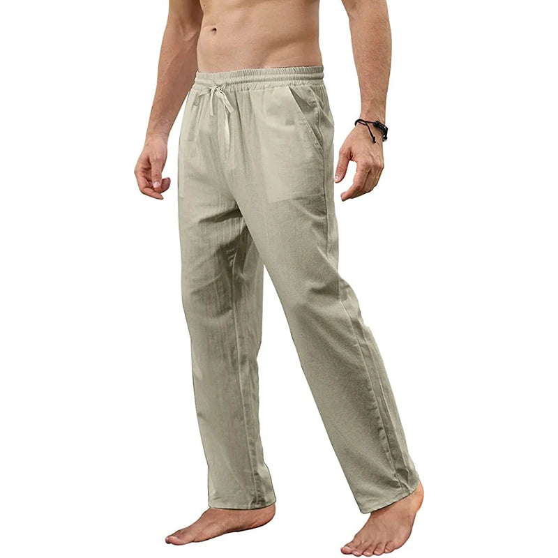 Men's Cotton Linen Pants Loose Breathable Casual Solid Color Long Pants Large Size Streetwear Fitness Lightweight Yoga Trousers