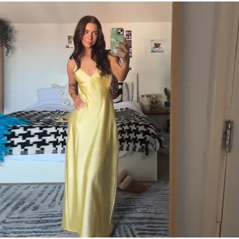 Summer Satin Deep V Neck Maxi Dresses Sleeveless Backless Lace Up Slim Fit Long Robes 2025 Lady New Holiday Fashion Clothing