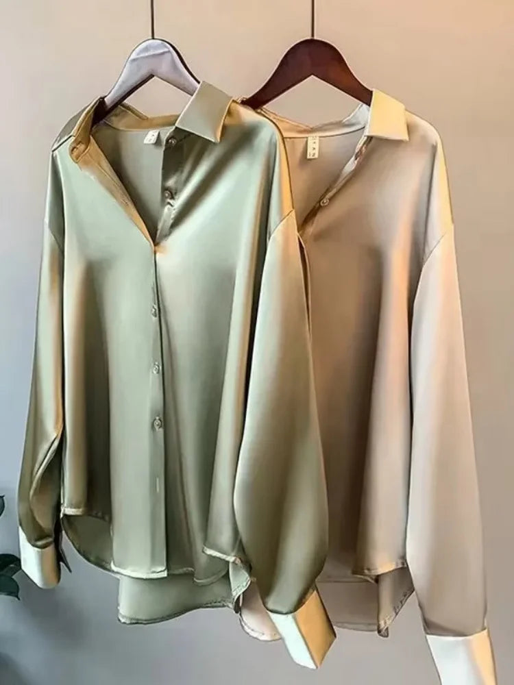 Women’s Turn-Down Collar Satin Blouse Top