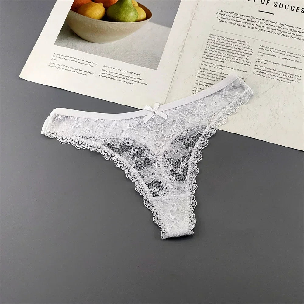 S M L XL XXL Plus Size Sexy Cozy Lace Cotton Thongs Underwear Lingerie for Women Seamless T-back Ladies Transparent G-string 3PC