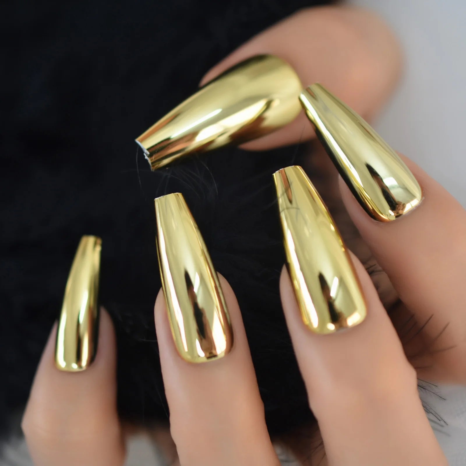 Shiny Punk Style Metallic Silver Coffin False Fake Nails Metal Plating Acrylic Reflective Mirror Press on Ballet Nail Art Tips