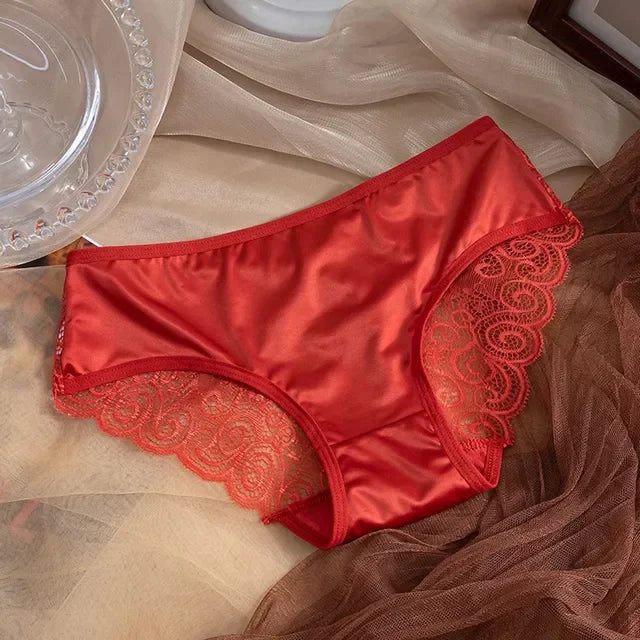 Women's Panties Silk Satin Underwear Lace Sexy Lingerie Breathable Mid Waist Female Briefs Comfortable Panty Underpants