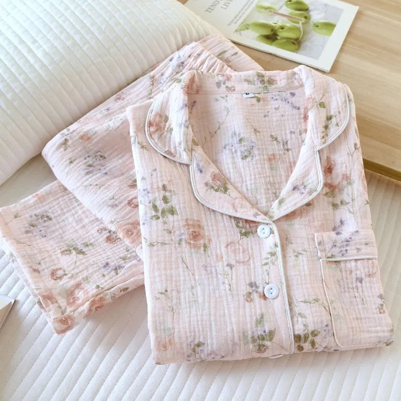 2026 New Women's Spring and Autumn Pajama Set 100% Cotton Crape Cloth Flower Collar Long Sleeve Two Piece Set Large Home Clothes