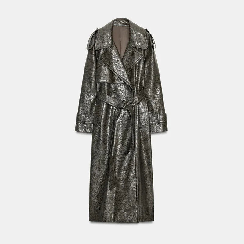 Street Pu Leather Women Long Coat Fashion Long Sleeve Button Belt Lapel Pocket Female Outwear 2025 Autumn Winter Lady Jacket New