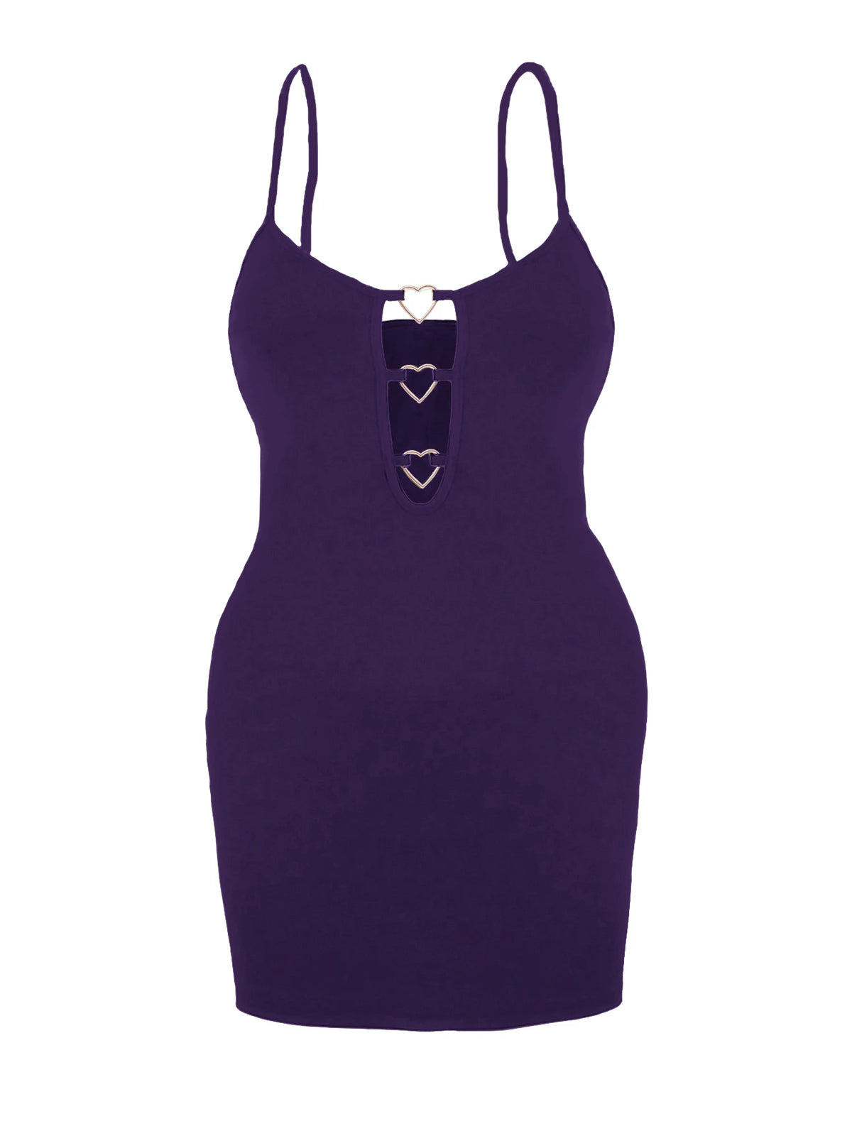 Plus Size Heart Metal Buckle Cutout Bodycon Mini Dress Spaghetti Strap Deep Hollow Front Slim Fitted Ribbed Short Dress Sexy Clu
