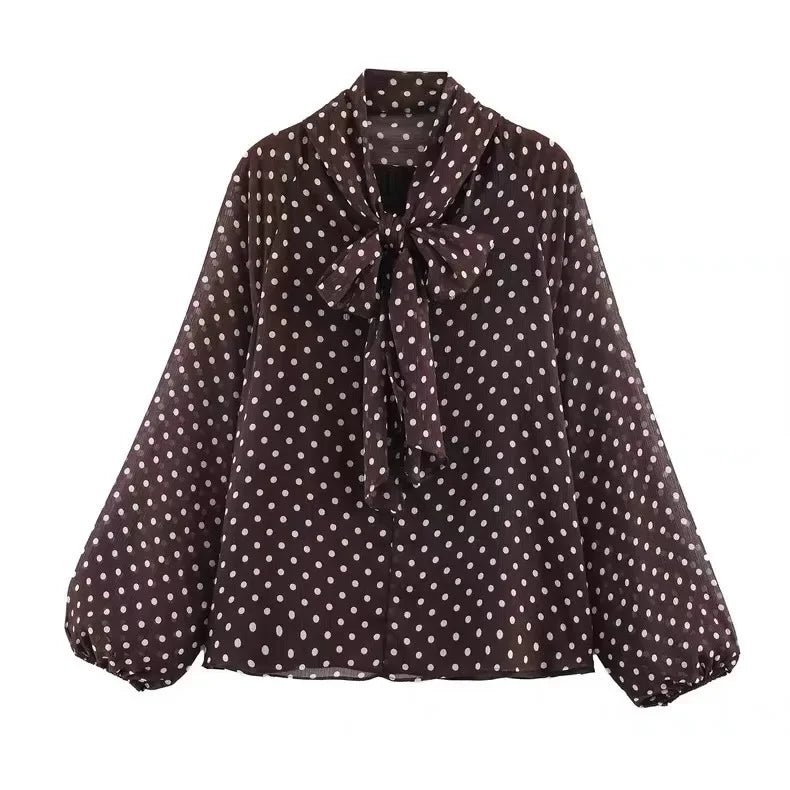 Polka Dot Lace Up Bow Shirt Women Casual Long Lantern Retro Sleeve Pleated Loose Blouse Lady 2026 Spring Commute Office Outwears