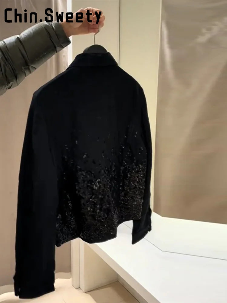 Fashion Sequins Short Jackets Women Gliter Lapel Long Sleeve Zipper Street Jacket Female 2026 Spring Lady Streetwear New
