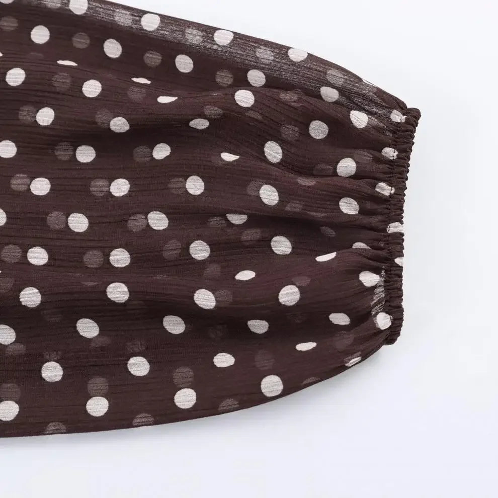 Polka Dot Lace Up Bow Shirt Women Casual Long Lantern Retro Sleeve Pleated Loose Blouse Lady 2026 Spring Commute Office Outwears