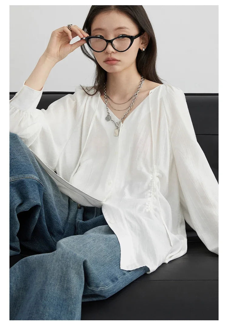 CHIC VEN Women Shirts Korean Loose Soild V-neck Long Sleeved Blouses Fashion Design Soft Lace Up Ladies Tops Summer New 2024