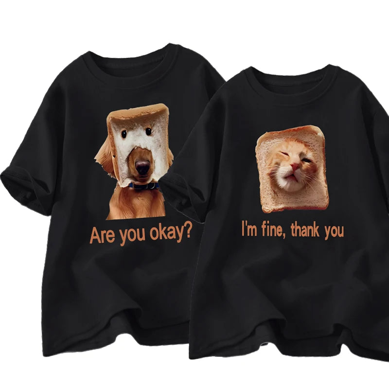 Funny Bread Dog Cat T-shirt Women Men Couple Graphic T Shirts Summer Lover Clothing Animal Cotton Short Sleeve Tshirt Tops
