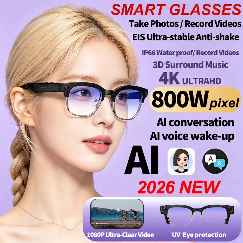 2026 New AI Smart Glasses 8MP HD Camera AI Object Recognition AI Translation 4K ULTRA HD IP66 Waterproof BT Call Smart Glasses