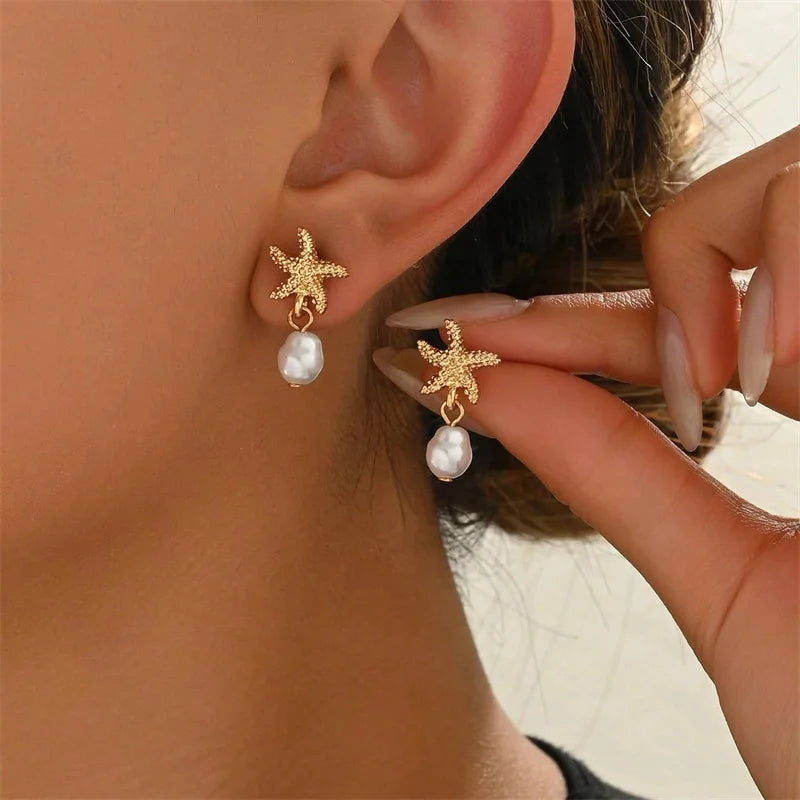 Bohemia Gold Color Metal Starfish Long Tassel Drop Earrings For Women Crystal Zircon Conch Shell Scallops Earring Beach Jewelry