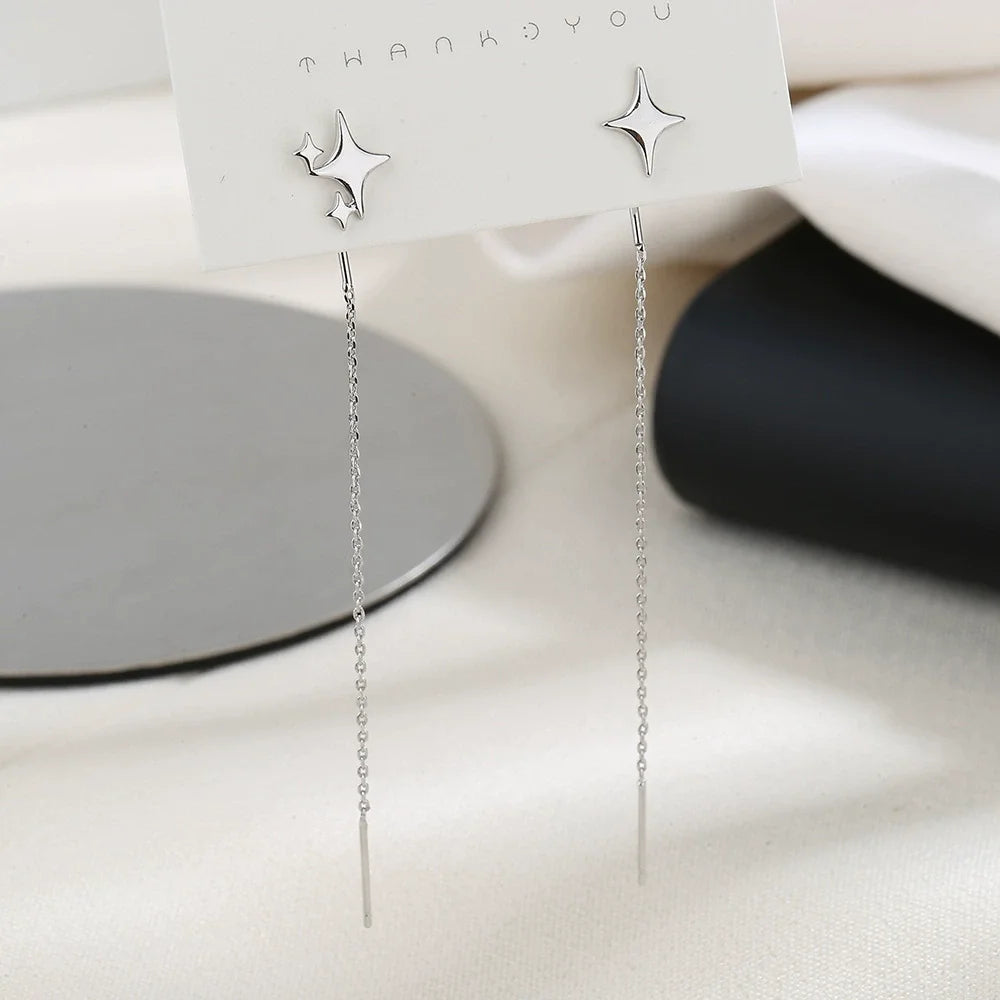 2025 New Korean Star Ear Wire Tassel Thread Chain Climb Star Pendants Drop Earrings Women's Straight Hanging Earings Jewelry