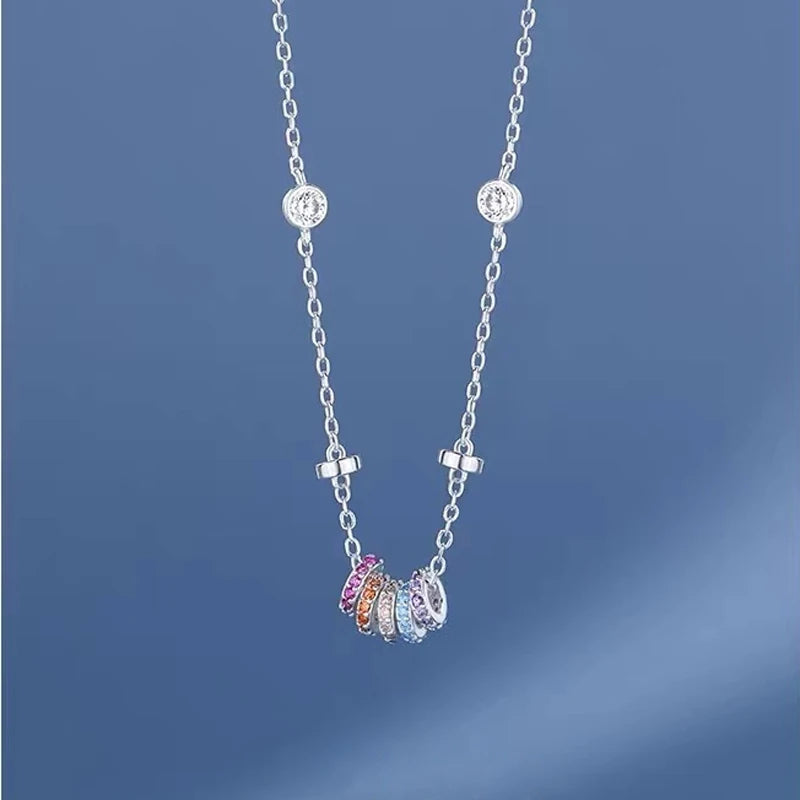 New 925 Sterling Silver Girls Handmade Round Colored Circled Choker Zircon Stone Necklace Simple Shaped Pendant Women's Wedding