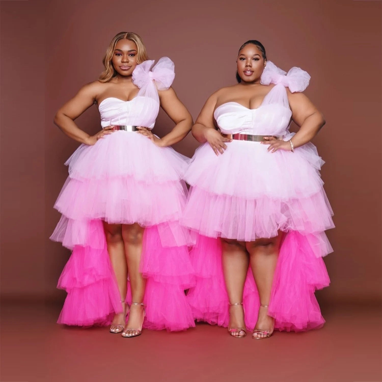 Gorgeous One Shoulder Pink Prom Dresses Tulle Tiered A Line Evening Gowns Women  Wedding Party Dress Formal Wear