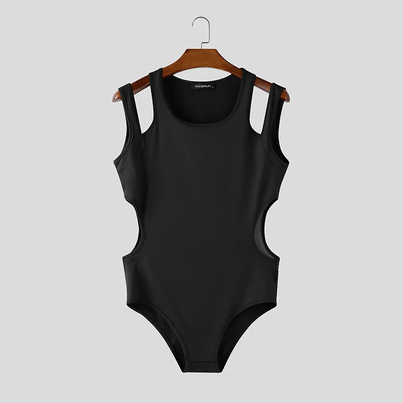 INCERUN Men Bodysuits Mesh Patchwork See Through O-neck Sleeveless Hollow Out Male Rompers Streetwear Sexy 2026 Fashion Playsuit