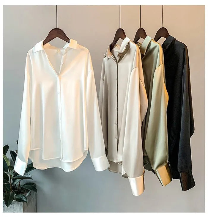 Women’s Turn-Down Collar Satin Blouse Top