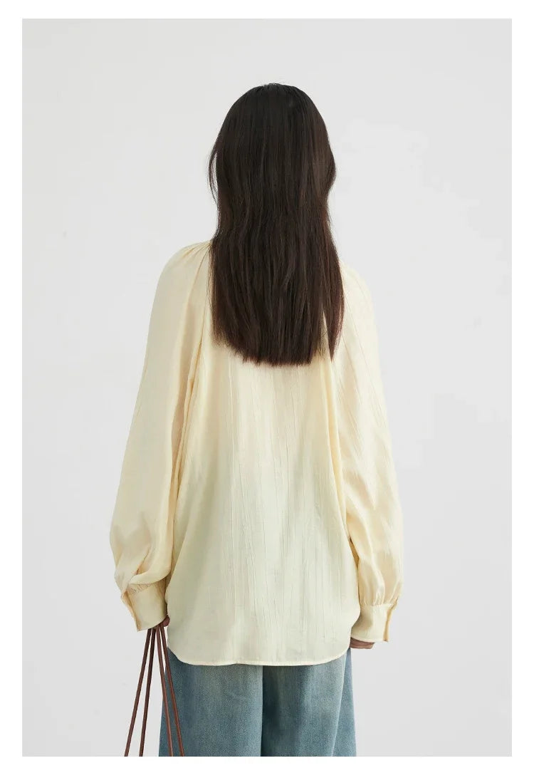 CHIC VEN Women Shirts Korean Loose Soild V-neck Long Sleeved Blouses Fashion Design Soft Lace Up Ladies Tops Summer New 2024