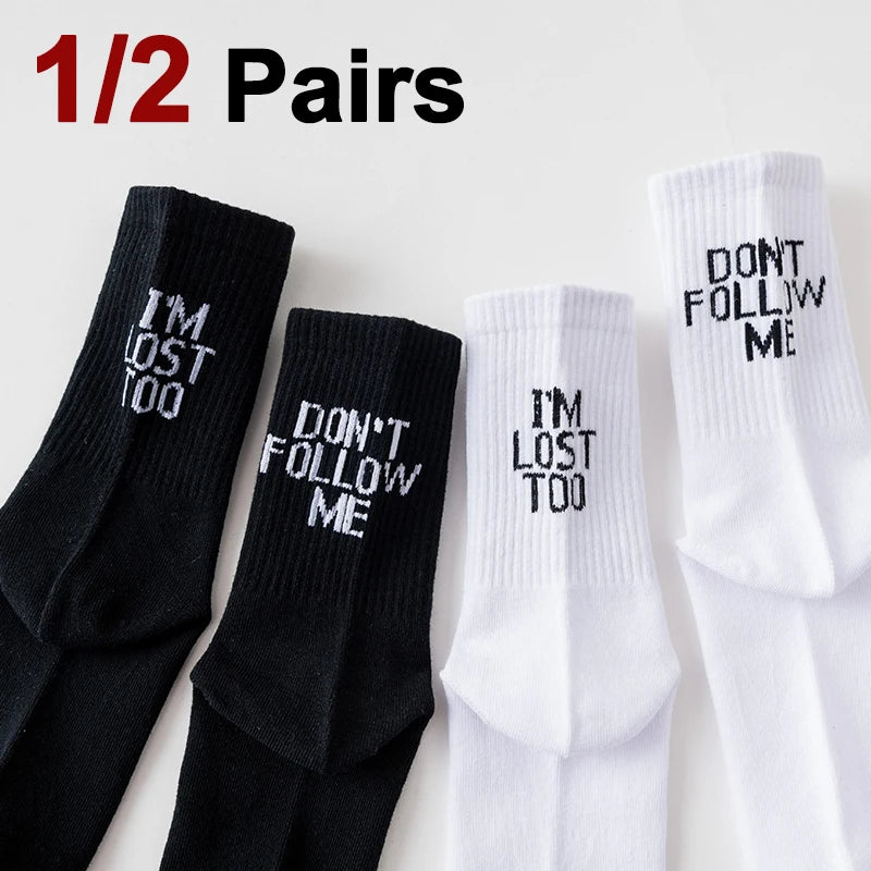 1/2 Pairs Unisex "I'm Lost Too" Letter Printed Cotton Socks Funny Novel Soft Comfortable Sweat Absorbing Breathable Casual Socks
