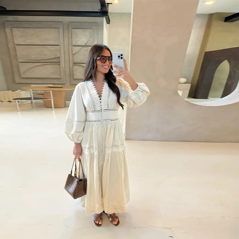 Elegant Hallow Out Long Dress Women Lantern Sleeve Deep V-neck Single Breasted Loose Dresses 2025 Fashion Solid Office Robe Lady