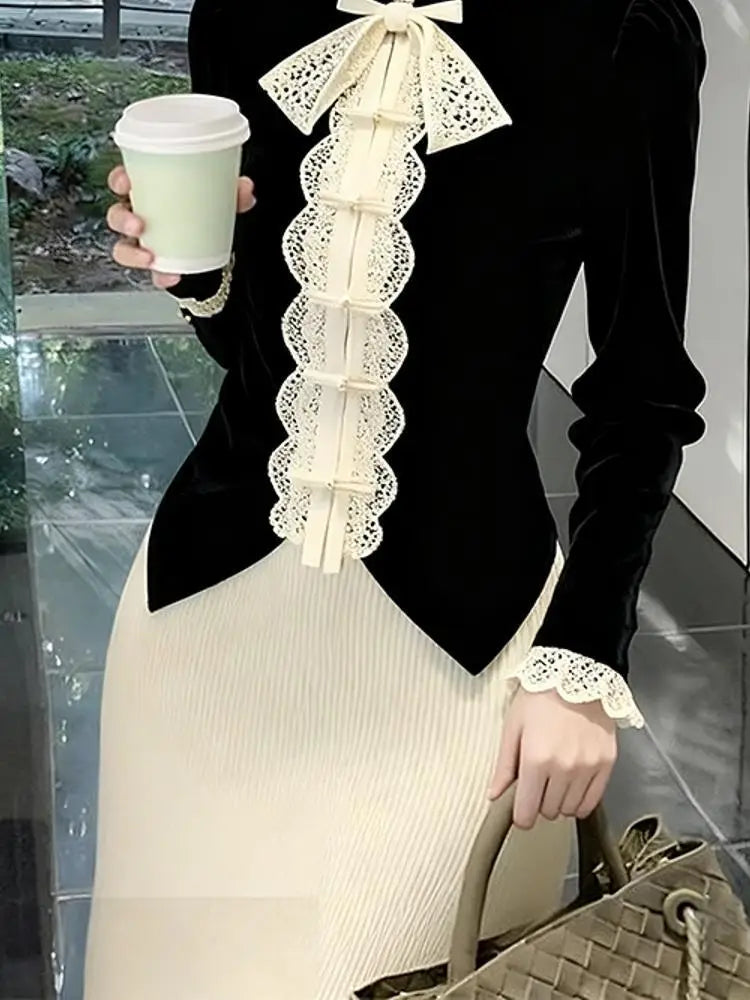 French Velvet Shirt Bow Camisas De Mujer Shirts & Blouses Black Top Blusas Roupas Femininas Designer Luxury Trend  Chemise Femme
