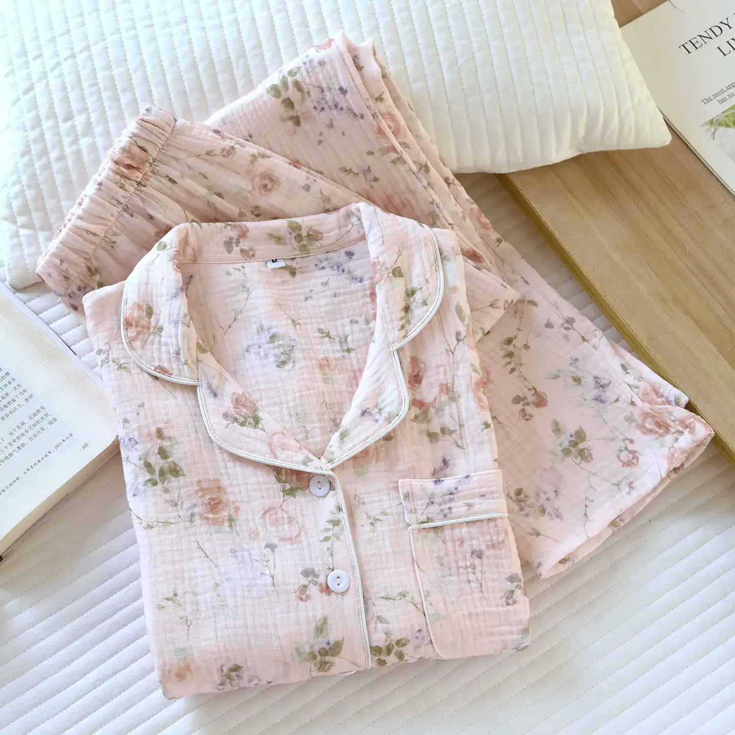 2026 New Women's Spring and Autumn Pajama Set 100% Cotton Crape Cloth Flower Collar Long Sleeve Two Piece Set Large Home Clothes