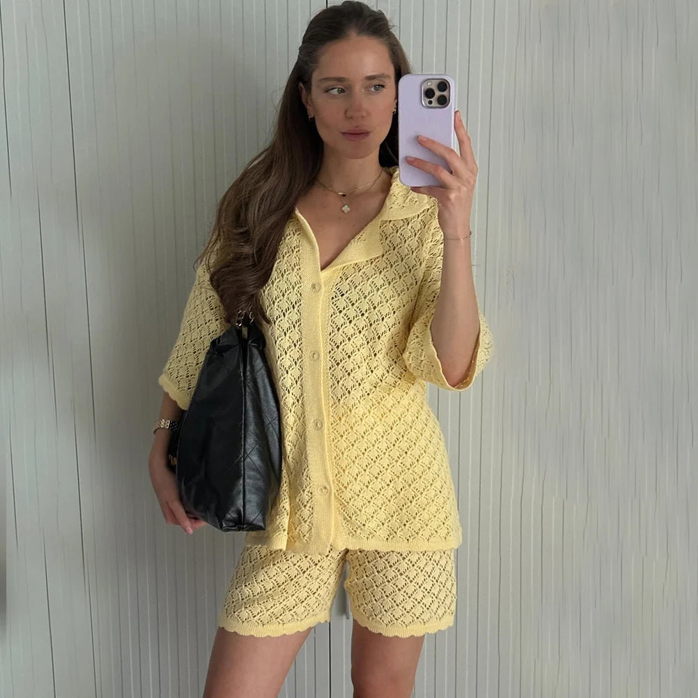 Tuularose Summer Knit Shorts Set New Knit Cardigan Top Casual Shorts Set Beach Vacation Bikini Cover Up Women Shorts Set Outfits