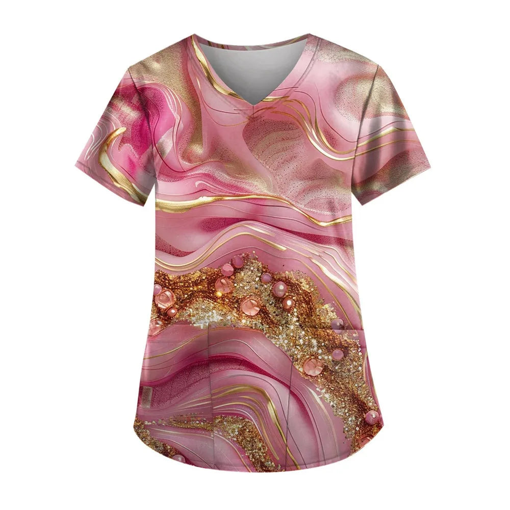 Gradient Printing Nurses Uniforms Women Fashion Short Sleeve V Neck Working Blouse Tops With Pockets Women's Medical Uniform