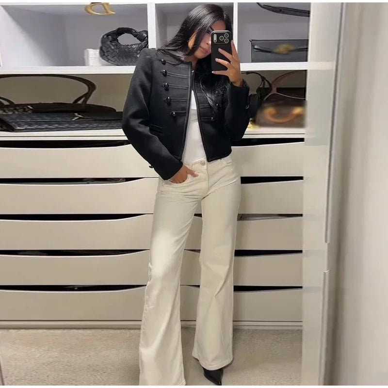 Elegant O-neck Long Sleeve Double Breasted Coats Fashion Black Cropped Jacket For Women 2026 Spring Chic Lady Outerwear Street