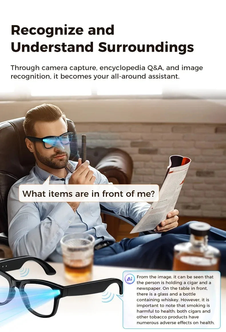 AI Smart Glasses GPT Camera 4K HD Multifunctional 3-in-1 Lens Bluetooth Call 3600Mah Battery Voice Assistant Control Sunglasses