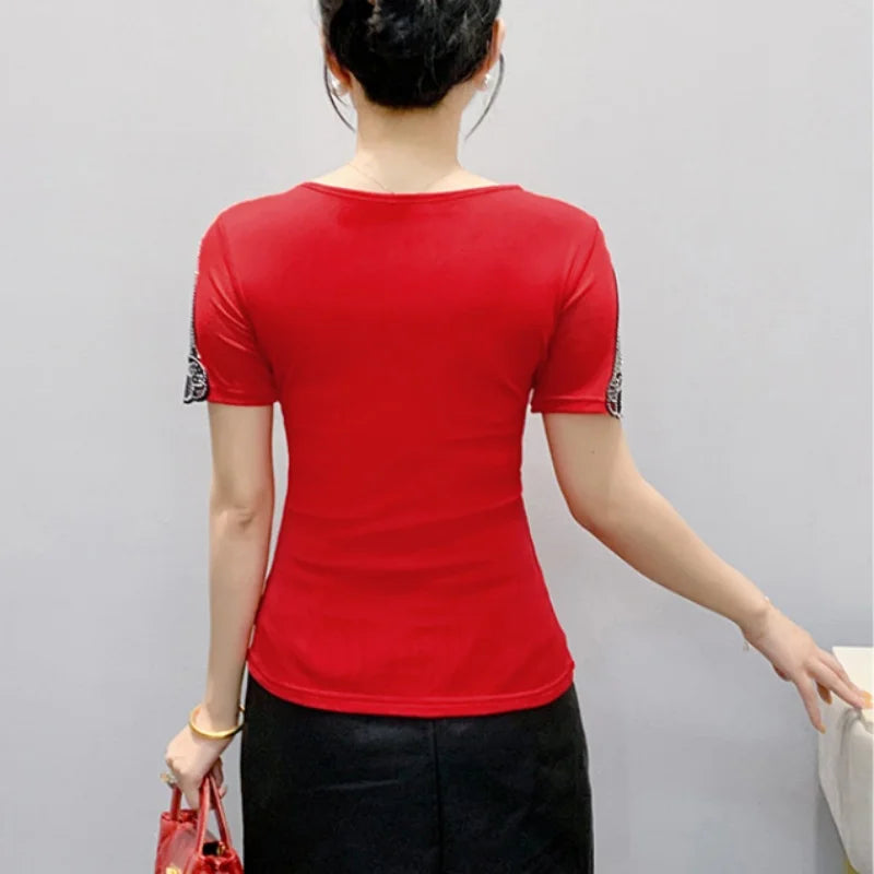 Fashion O-Collar Rhinestone Lace Patchwork Female Top Chic High Elasticity Soft Mesh Short Sleeve Temperament Women's T-Shirt