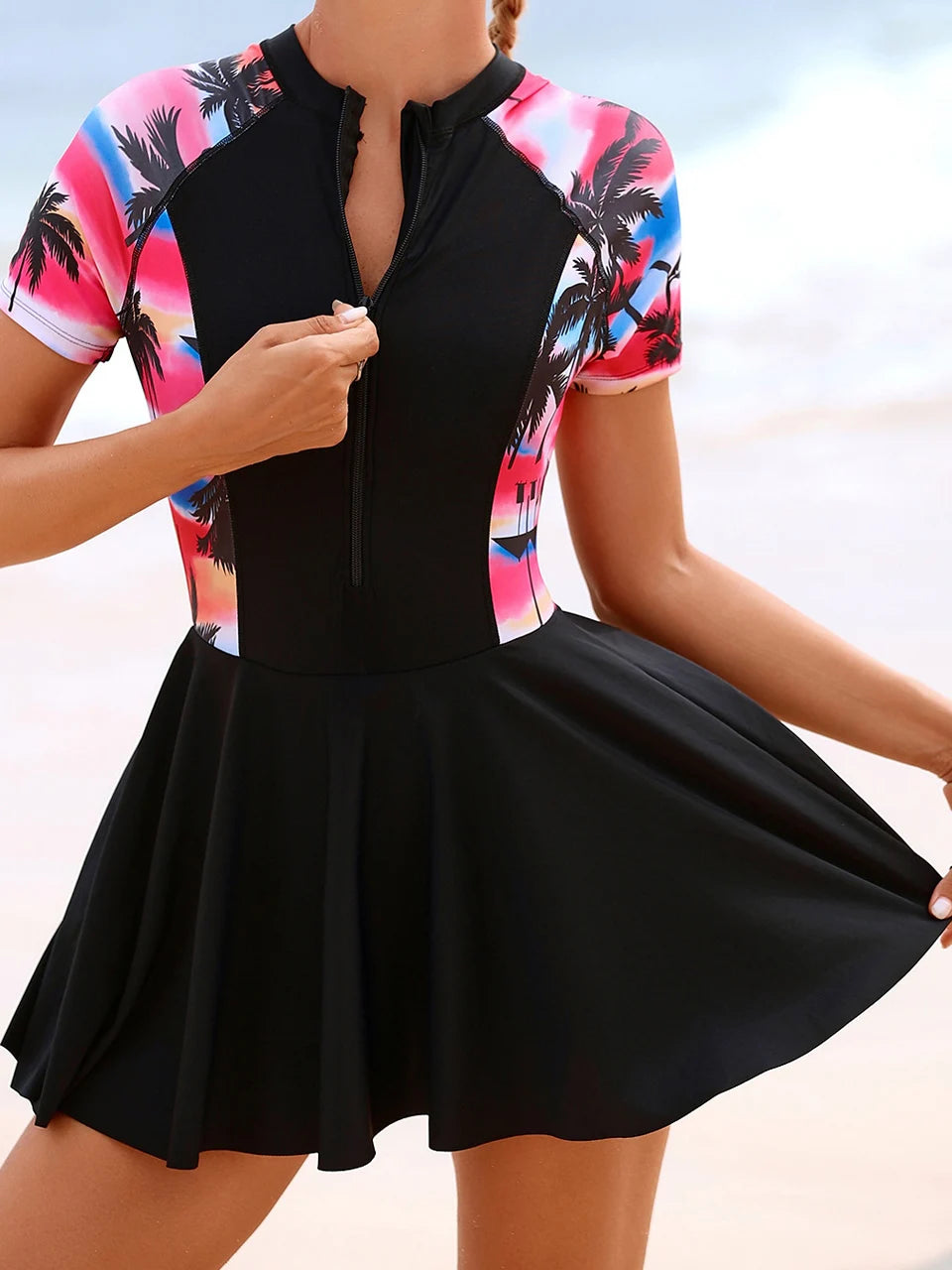 2026 Women Shorts Sleeve Swimwear One Piece Zipper Design For Swimming Surfing Sport Swimsuit Female Bather Bathing Beach Dress