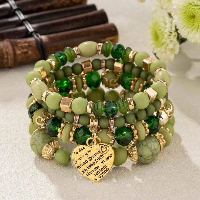 4pcs/set Boho Strand Bracelets For Women Crystal Beads Bracelets Heart Letter Elastic Bangles Wristband Yoga Jewelry Gifts K-