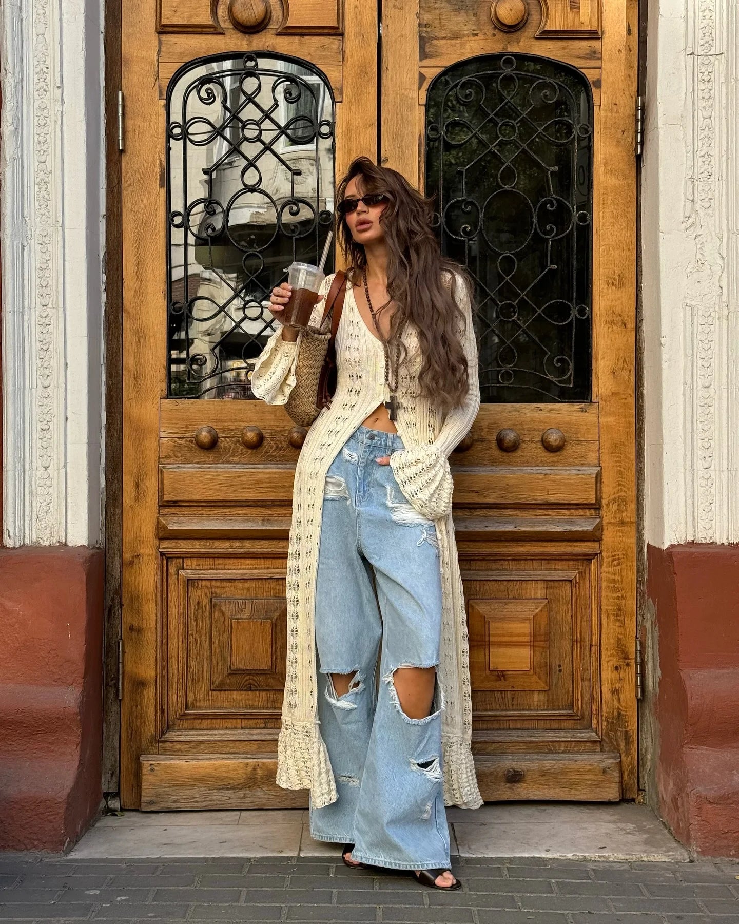 Combhasaki Women Y2K Chic Flare Long Sleeve Aesthetic Button-down V-Neck Ruffle Hem Hollow Out Knitted Long Dress Boho Beachwear