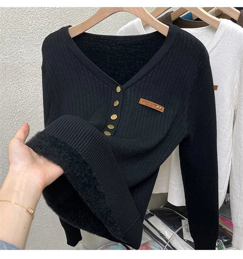 2024 Thicken Velvet V-neck Sweater Women Korean Fashion Lined Warm Sueter Knitted Pullover Slim Top Winter Jersey Knitwear Jumpe