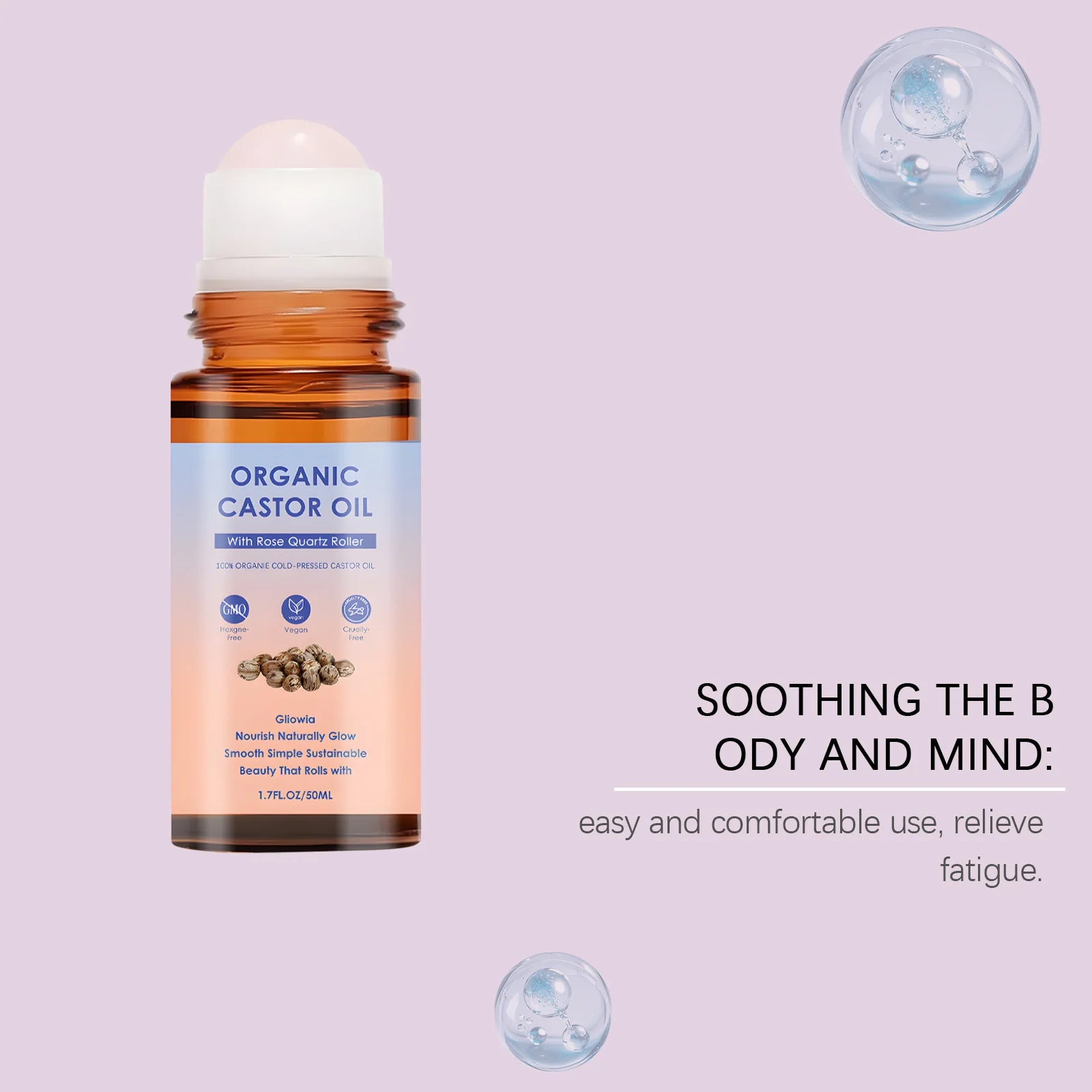 Organic Castor Oil Rose Quartz Roller Ball Moisturizing Skin Barrier Deep Repair Soothing Skin Cold-Pressed Natural Castor Oil