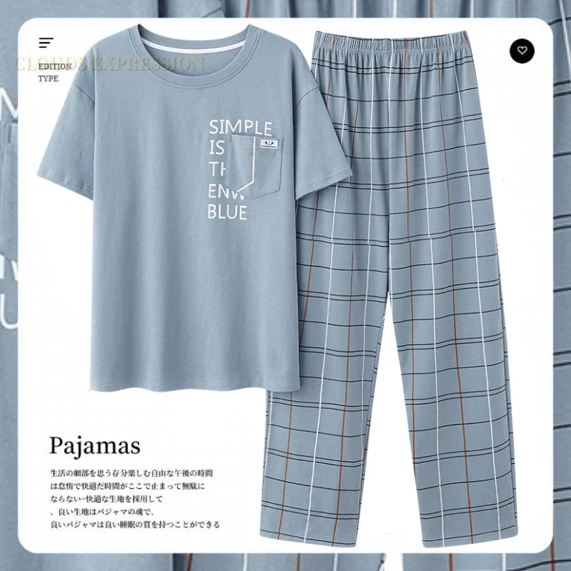 L-5XL Summer Elegant Men Pyjamas Knited Cotton Pajamas Set Long Pant Sleepwear Pyjamas Night Suits Pijamas Plus Size Homewear PJ