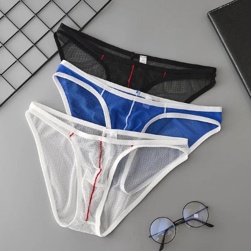 Ice Silk Men Underwear Sheer Mesh Sexy U Bulge Pouch Briefs Male Ultra-thin Breathable Underpants Mid Waist Hollow Panties Cueca