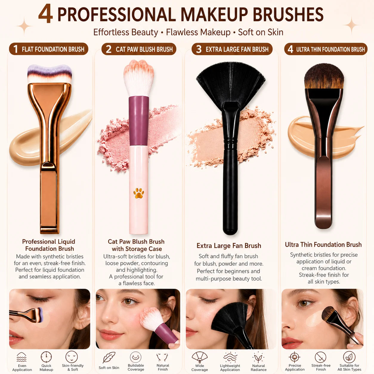 4-Piece Bestselling Makeup Brush Set: Professional Liquid Foundation Brush, Cat Paw Blush Brush, Oversized Fan Brush & Ultra-Thi