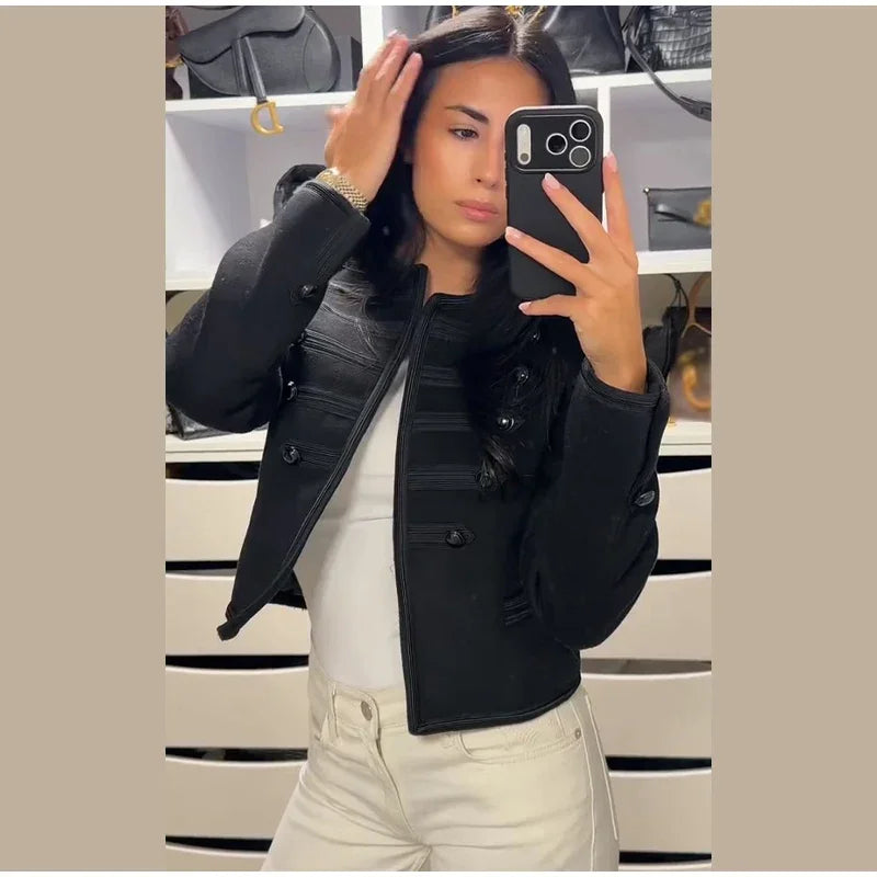 Elegant O-neck Long Sleeve Double Breasted Coats Fashion Black Cropped Jacket For Women 2026 Spring Chic Lady Outerwear Street