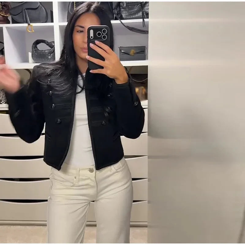 Elegant O-neck Long Sleeve Double Breasted Coats Fashion Black Cropped Jacket For Women 2026 Spring Chic Lady Outerwear Street