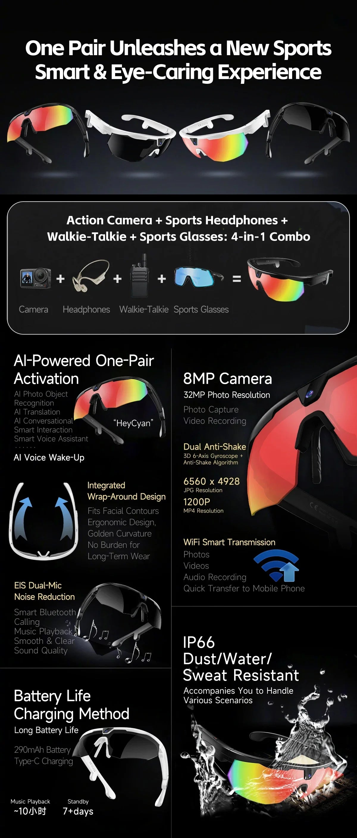 2026 AI Smart Glasses 800W HD Anti-shake Camera IP66 Waterproof AI Voice Wake-up AI Translation Four-in-one Cycling Glasses