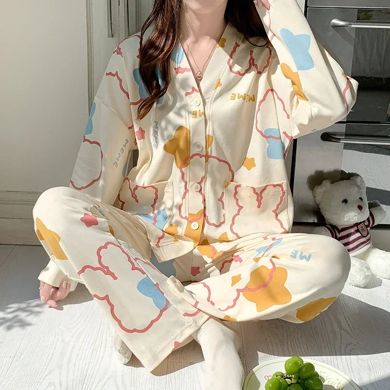 Elizabeth Duck Japanese Kimono Autumn Winter Women Pajamas Sets Faux Cotton Long Sleeves Homesuits Casual V-neck Lapel Sleepwear