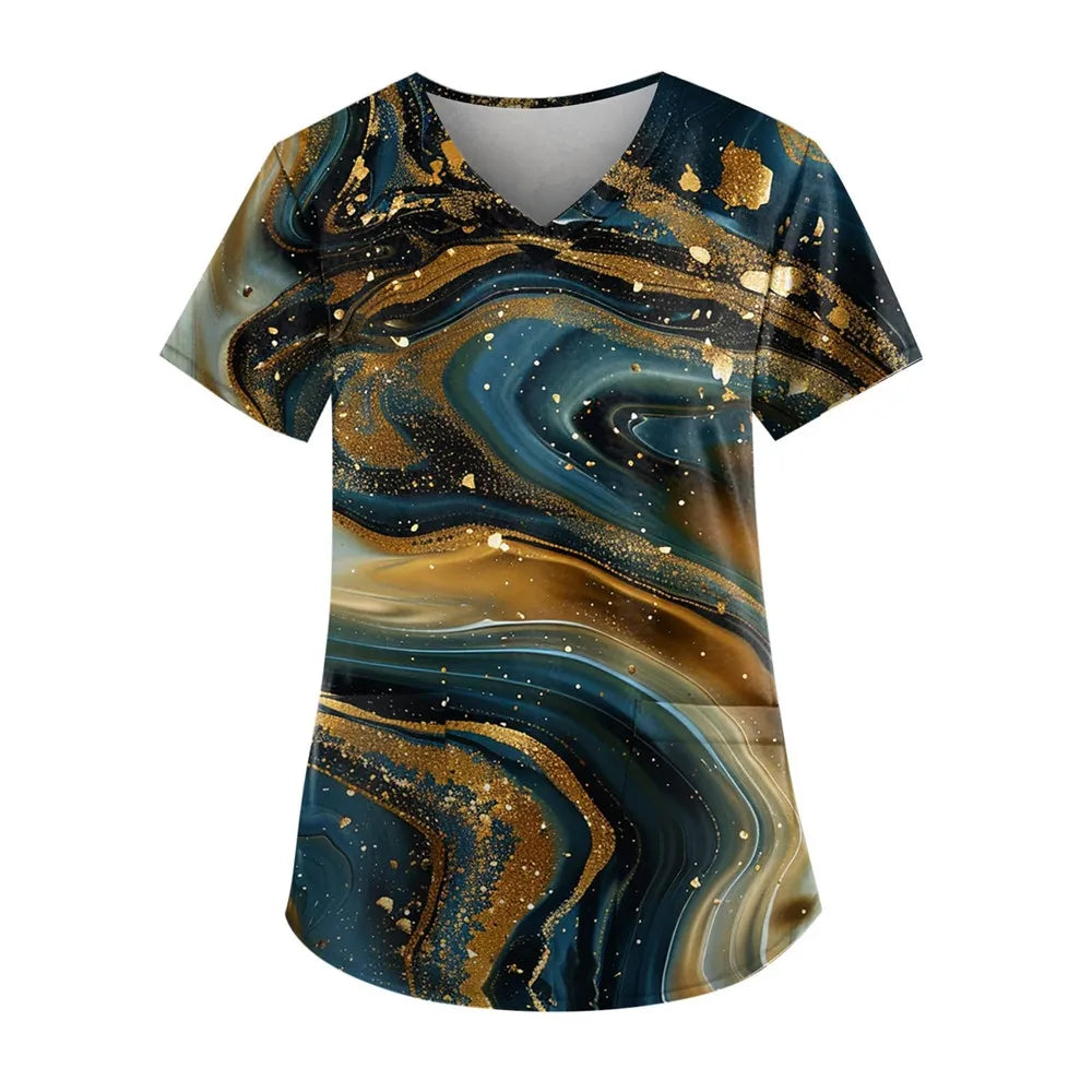 Gradient Printing Nurses Uniforms Women Fashion Short Sleeve V Neck Working Blouse Tops With Pockets Women's Medical Uniform