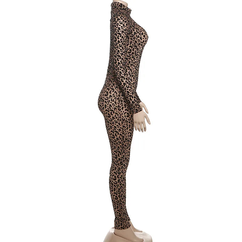 Shestyle Velvet Leopard Sexy Jumpsuits Women Turtleneck Nude Bodycon Mesh Transparent Zipper Fly Slim Fitness Playsuit Clothes