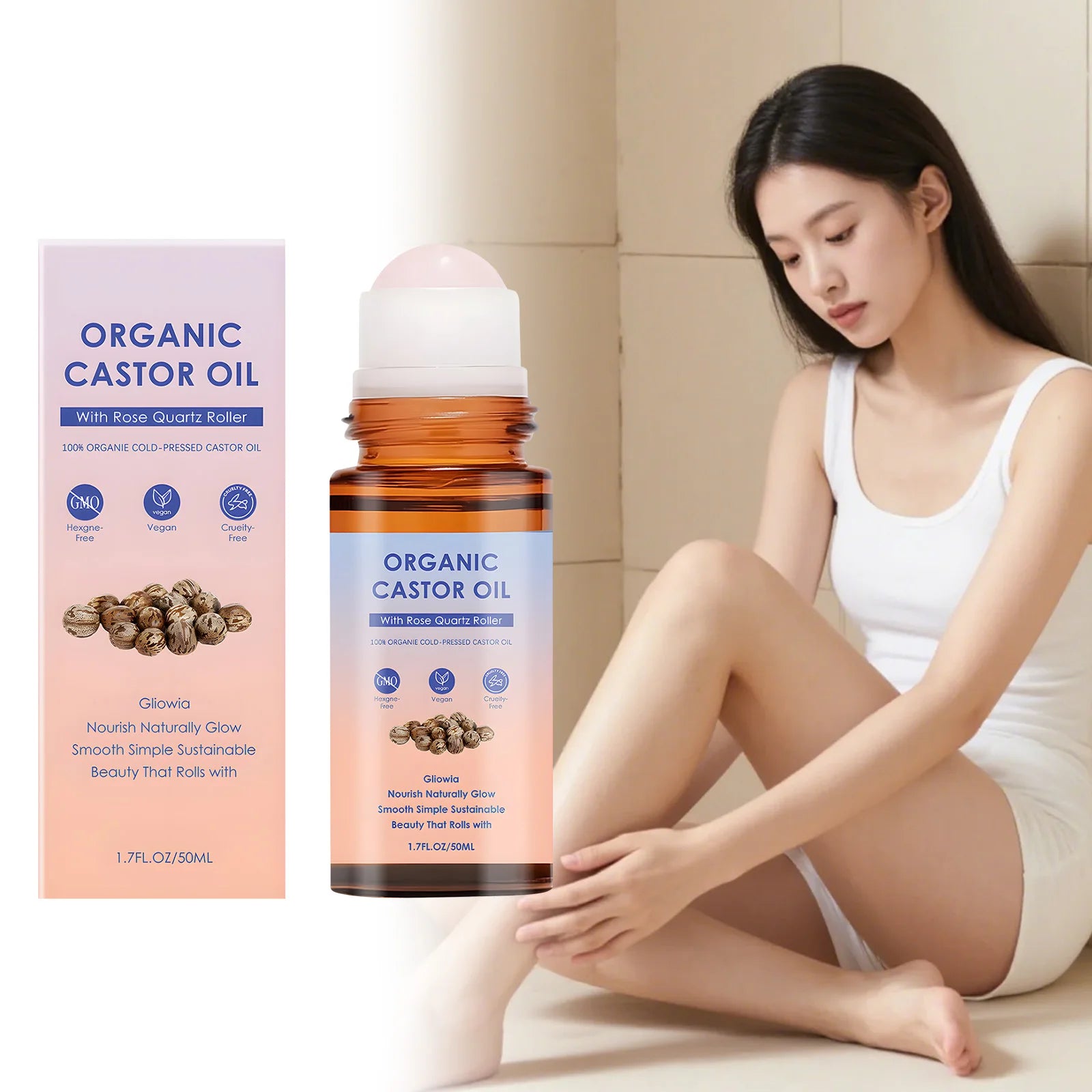 Organic Castor Oil Rose Quartz Roller Ball Moisturizing Skin Barrier Deep Repair Soothing Skin Cold-Pressed Natural Castor Oil