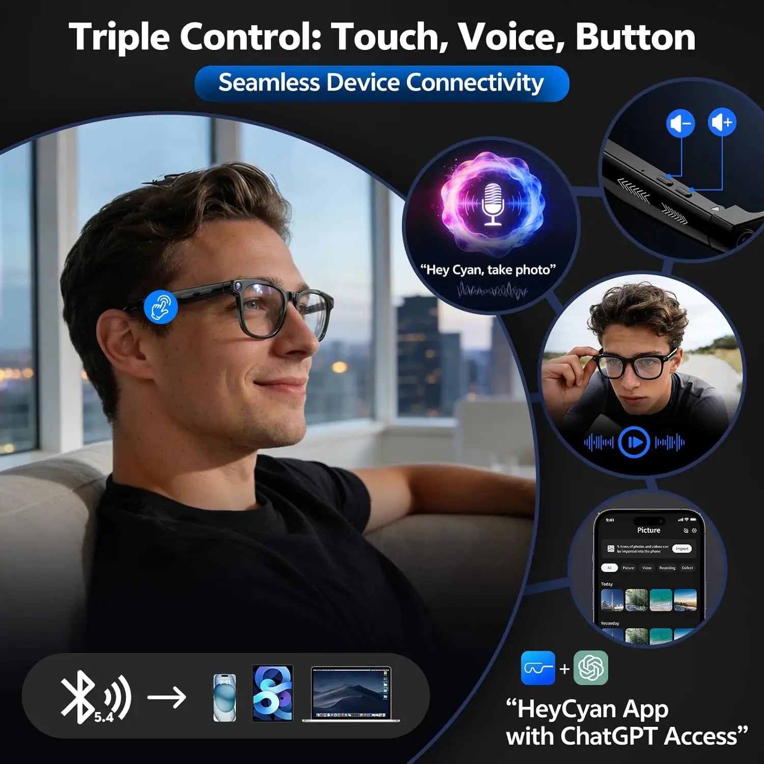 2026New AI Smart Glasses Men Women 800W HD Camera Bluetooth Call 100+Languages Translation Voice Control Music Player Sunglasses