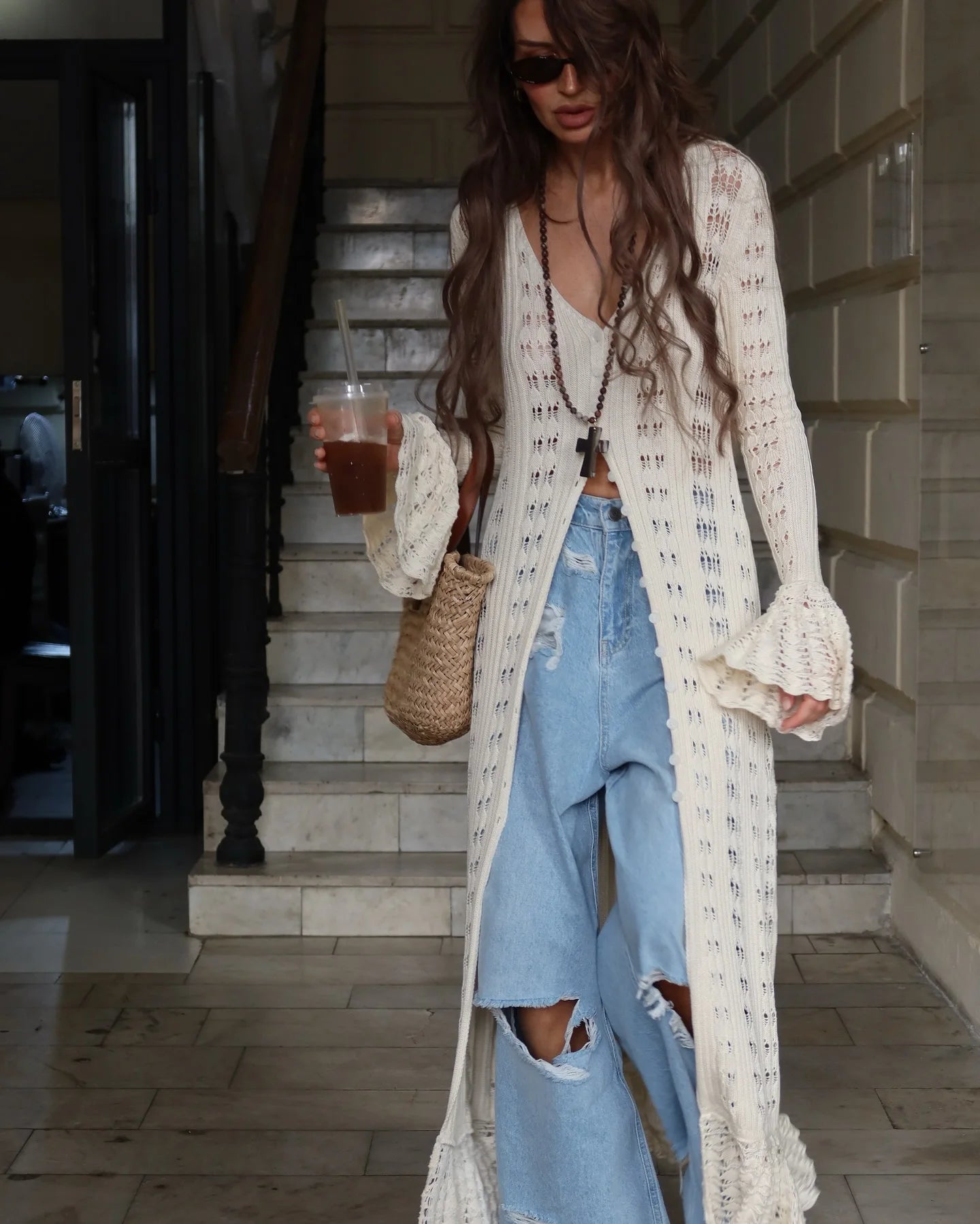 Combhasaki Women Y2K Chic Flare Long Sleeve Aesthetic Button-down V-Neck Ruffle Hem Hollow Out Knitted Long Dress Boho Beachwear