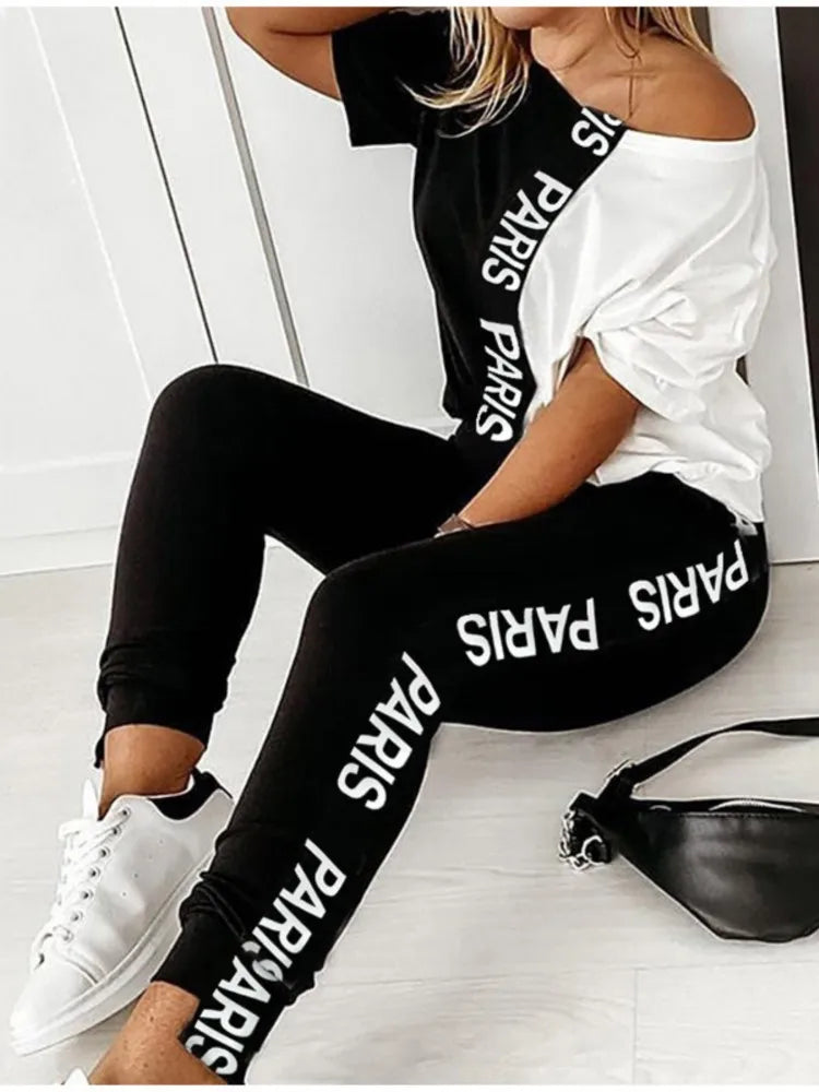 2023 Women's Spring Summer Sportswear Two-piece Set With Patchwork Letters Short Sleeved Long Pants Casual Women's Two-piece Set