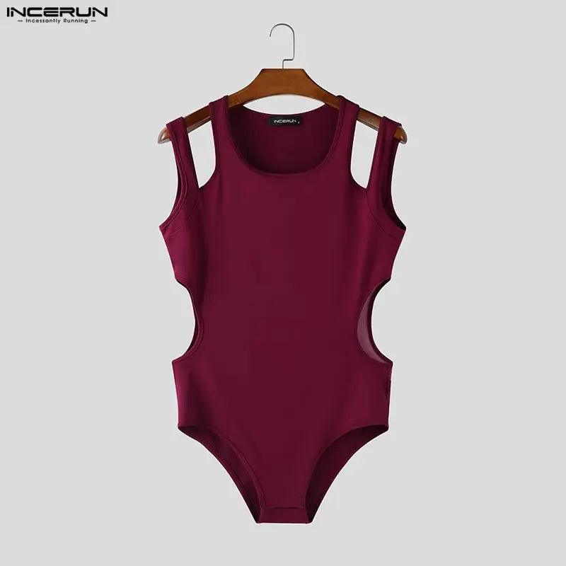 INCERUN Men Bodysuits Mesh Patchwork See Through O-neck Sleeveless Hollow Out Male Rompers Streetwear Sexy 2026 Fashion Playsuit